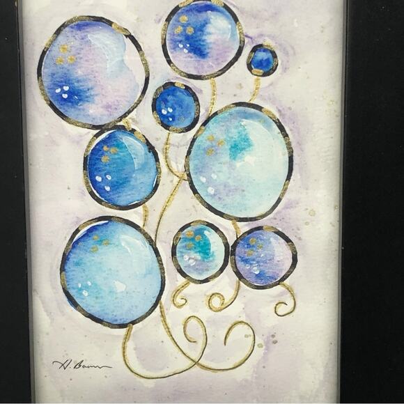 Original Artwork Framed Loose Watercolor Floral Bubble Art Painting by H. Barrow - Picture 2 of 5